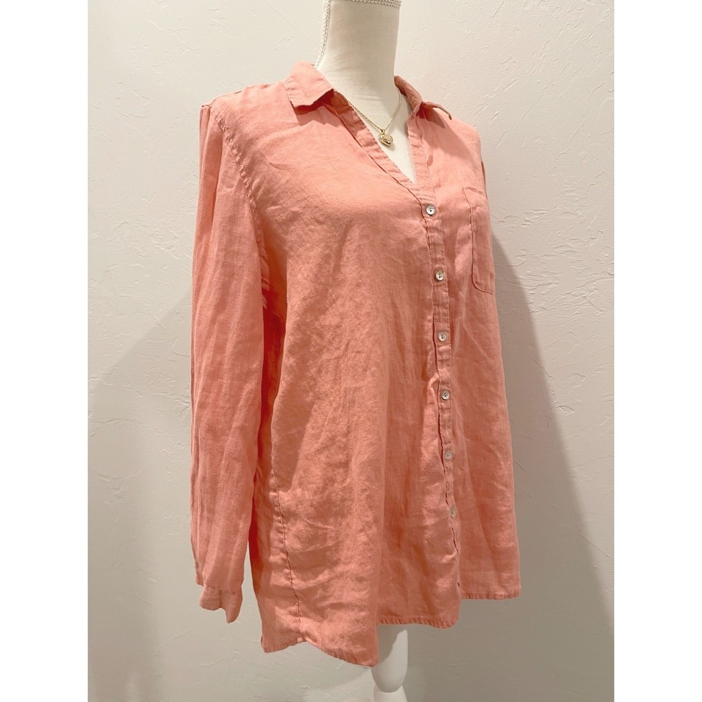 Sigrid‎ Olsen Womens Peach Orange Roll-Tab Sleeve Linen Button-Up Shirt L Beach - Picture 4 of 10